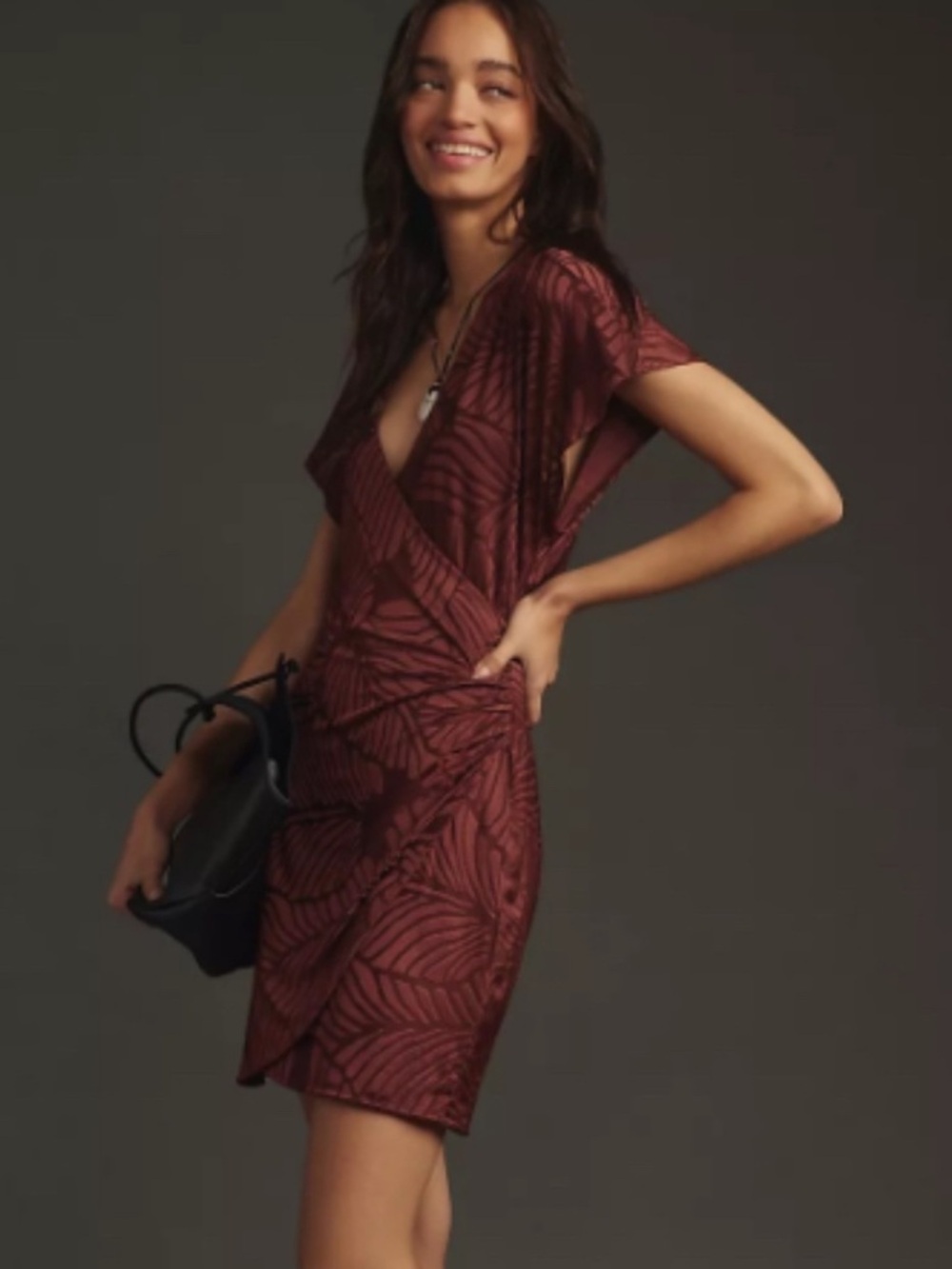 NWT By Anthropologie XS Brown V-Neck Faux Wrap Mini Dress Original $148 - Picture 2 of 4